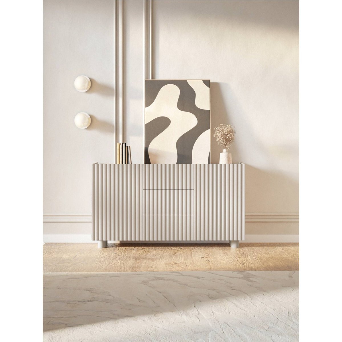Commode bois à façades rainurées FIORRA beige cachemire, RECOLLECTION