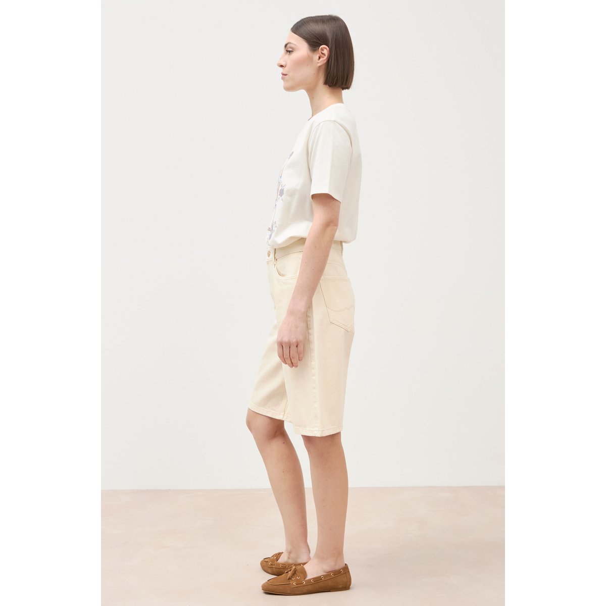 Bermuda large taille haute en coton jaune clair, BONOBO