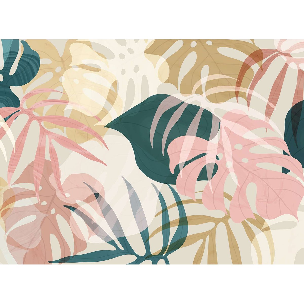 Papier peint feuillage pastel tropical doux et lumineux rose, HEXOA