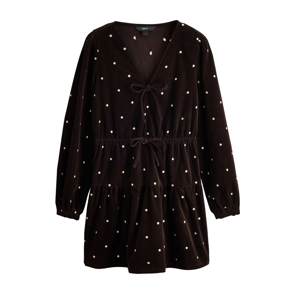 Robe courte velours côtelé à col en v nouer tache brun chocolat/dorée, NEXT