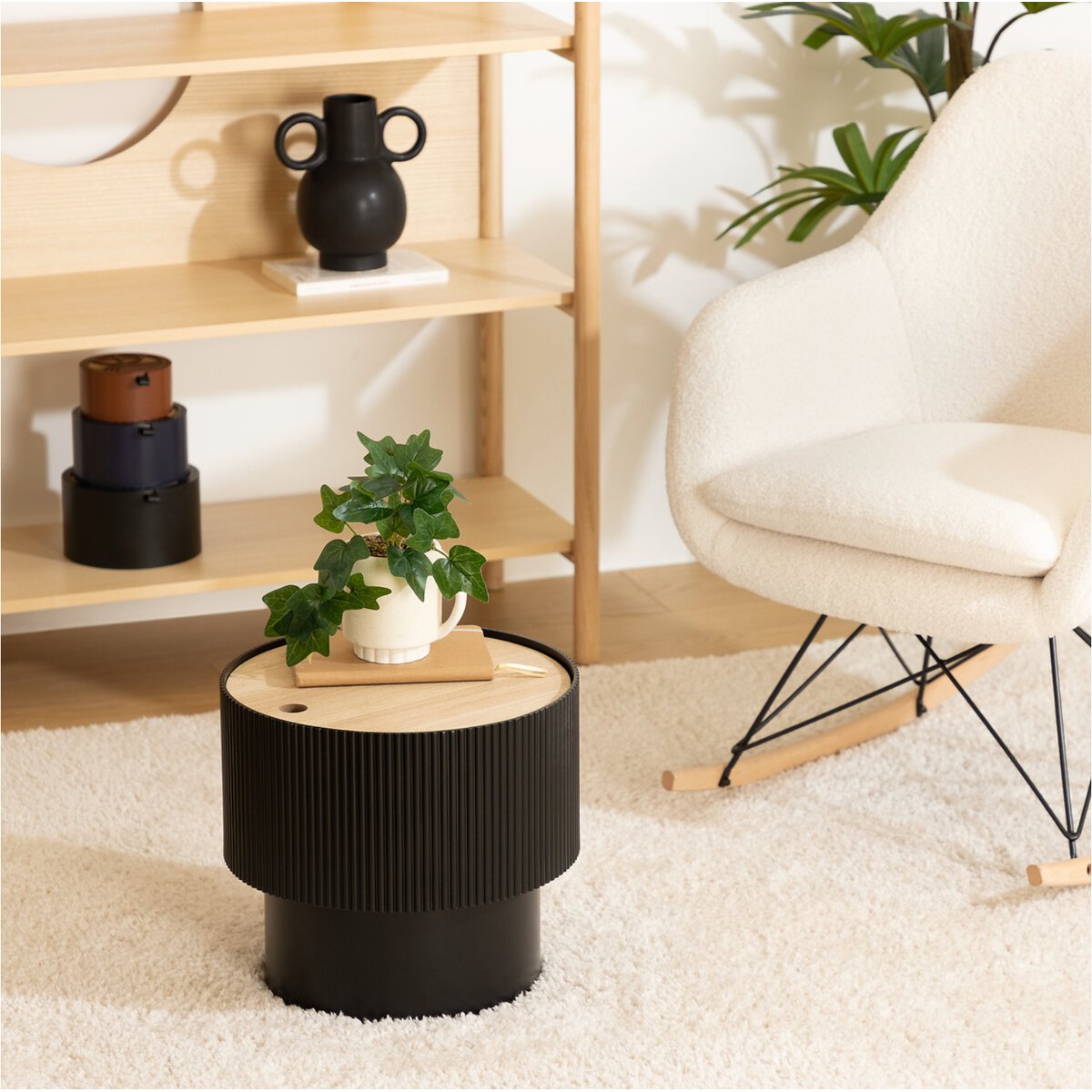 Table d'appoint coffre de rangement plateau amovible placage frêne ENOLA noir, ATMOSPHERA