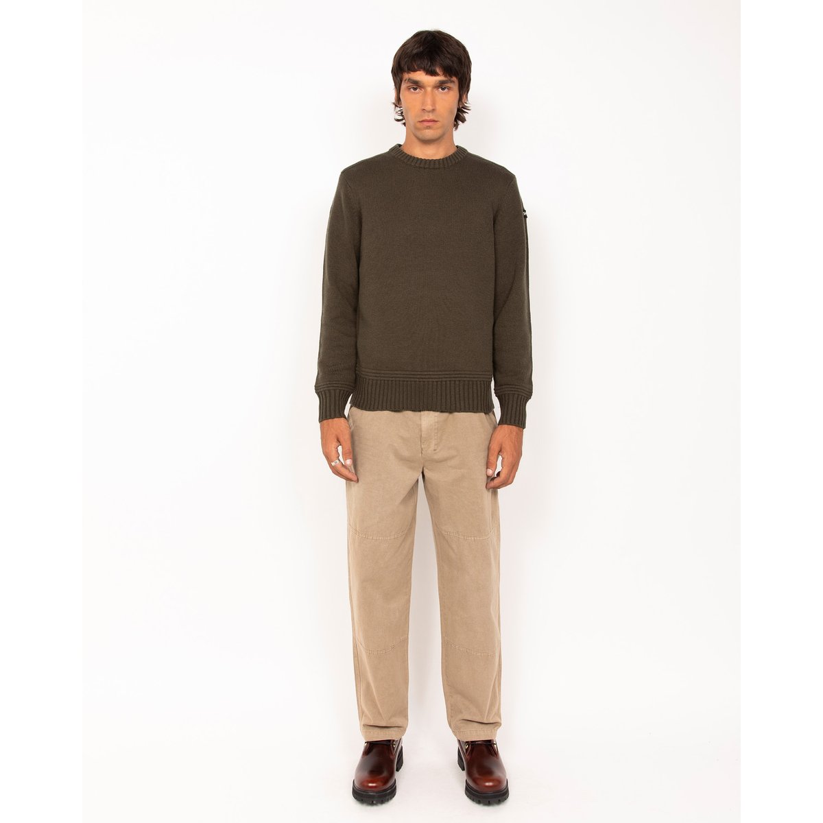 Pull col rond maille fantaisie kaki foncé, SCHOTT