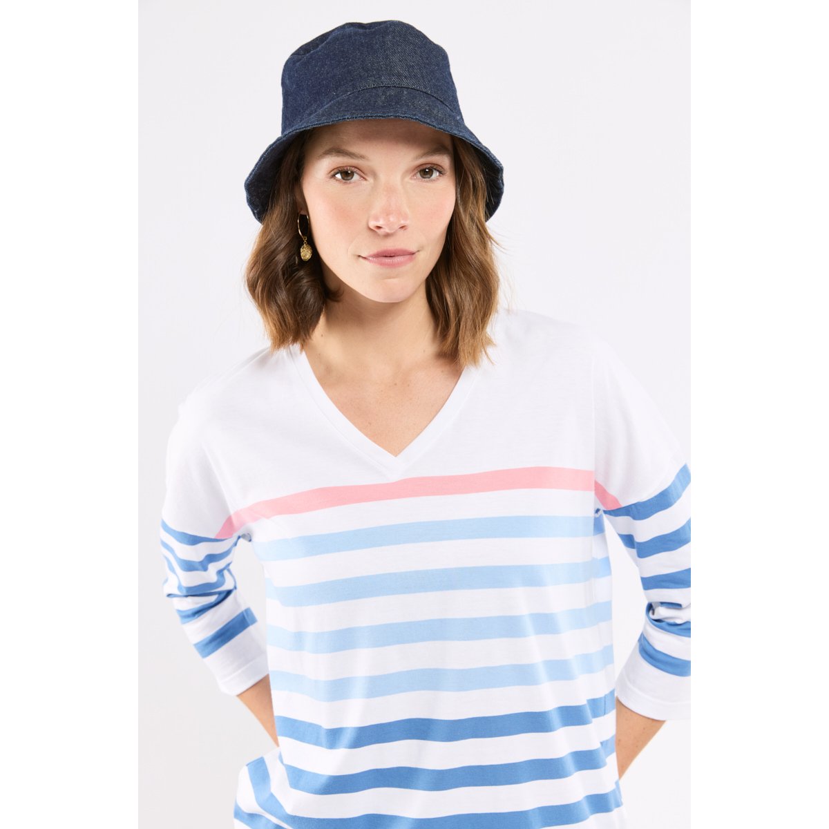 Marinière col V en coton léger blc/federalblue/placidblu/, ARMOR-LUX