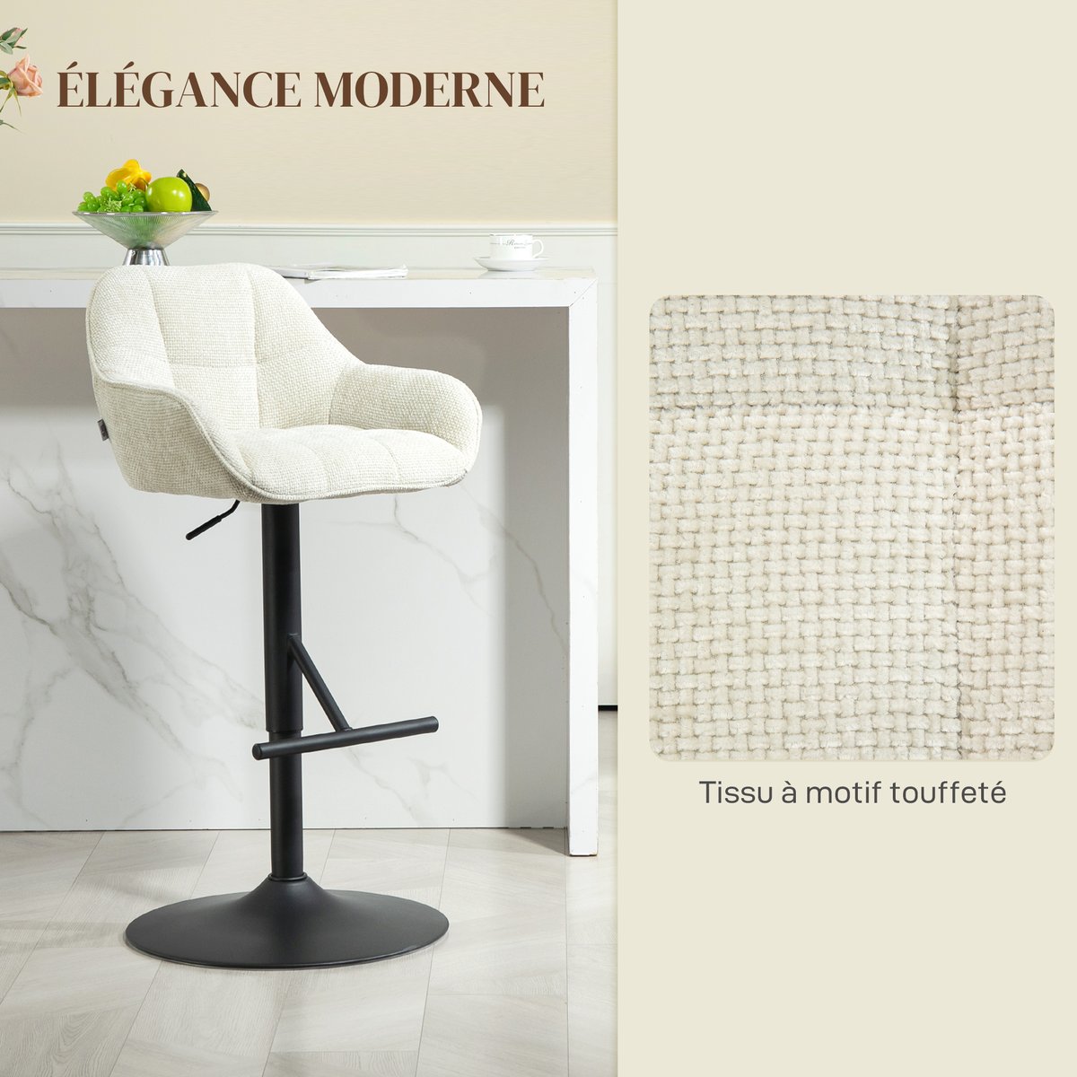 Tabouret de bar Polyester Crème crème, noir, HOMCOM