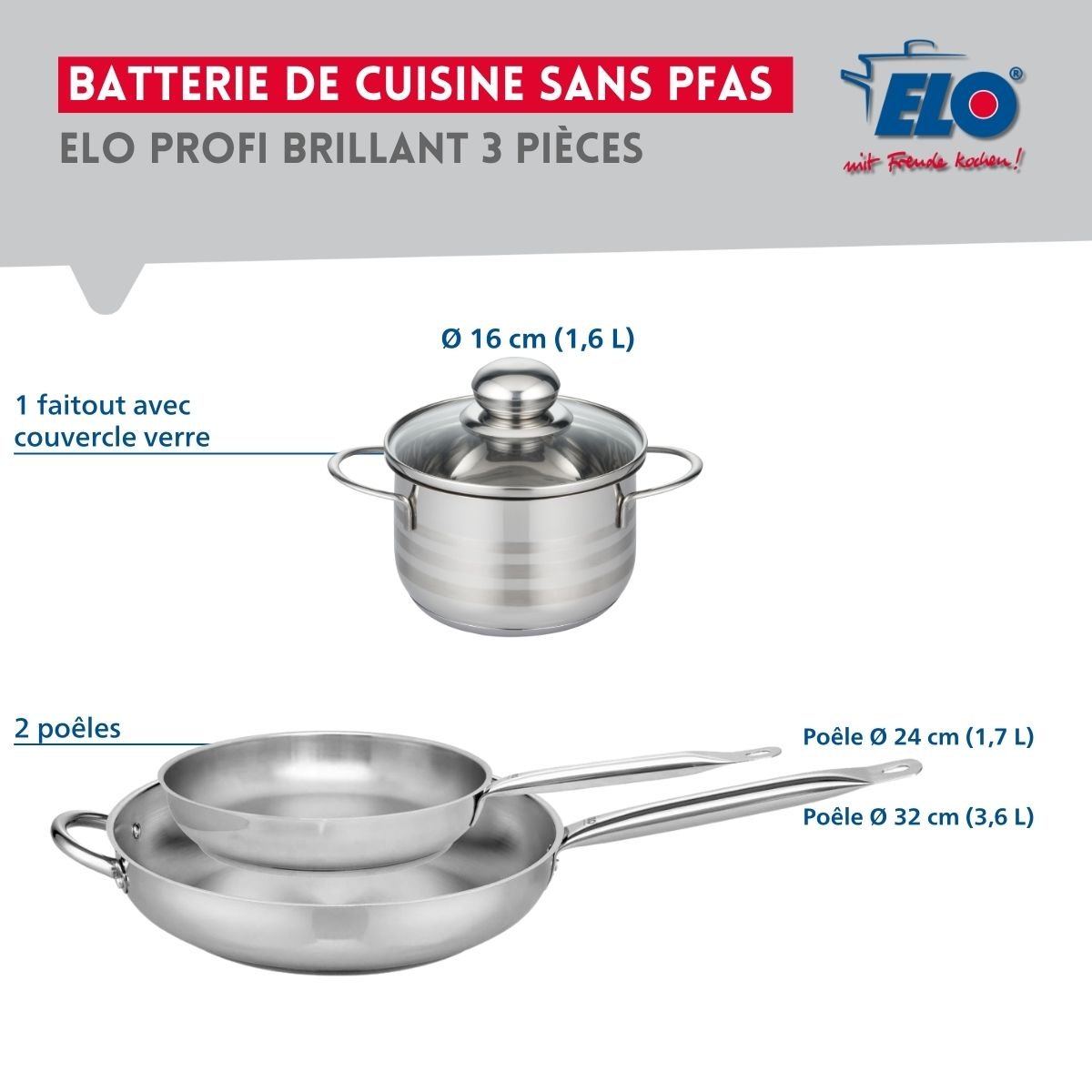 Batterie 2 poêles 24/32cm + 1 faitout 16cm PROFI BRILLANT gris, ELO
