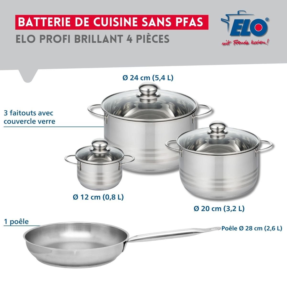 Batterie 1 poêle 28cm + 3 faitouts 12/20/24cm PROFI BRILLANT inox, ELO