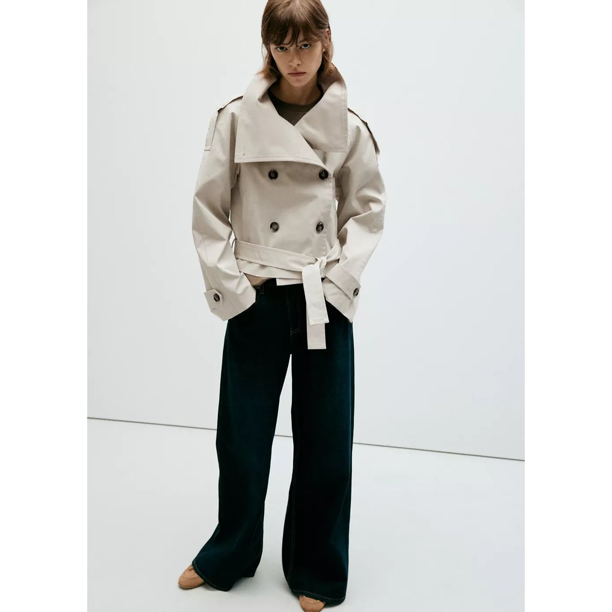 Trench crop double boutonnage gris clair/pastel, MANGO