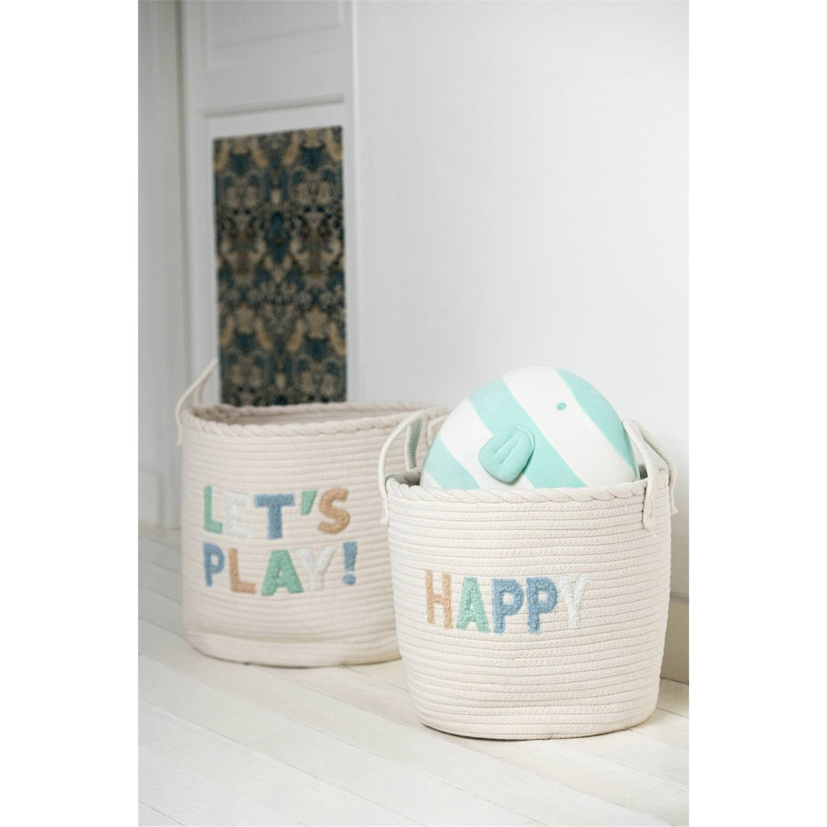 Set de 3 paniers enfant en coton brodé blanc et bleu clair multicolore, RECOLLECTION