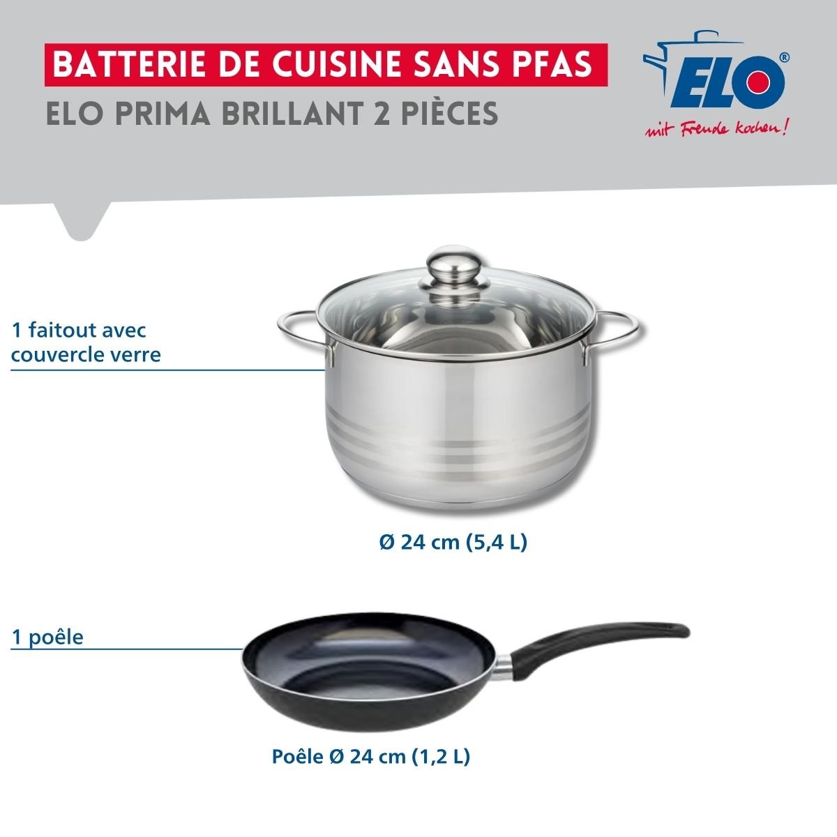 Batterie de cuisine 1 poêle 24cm + 1 faitout 24cm PRIMA BRILLANT noir, ELO