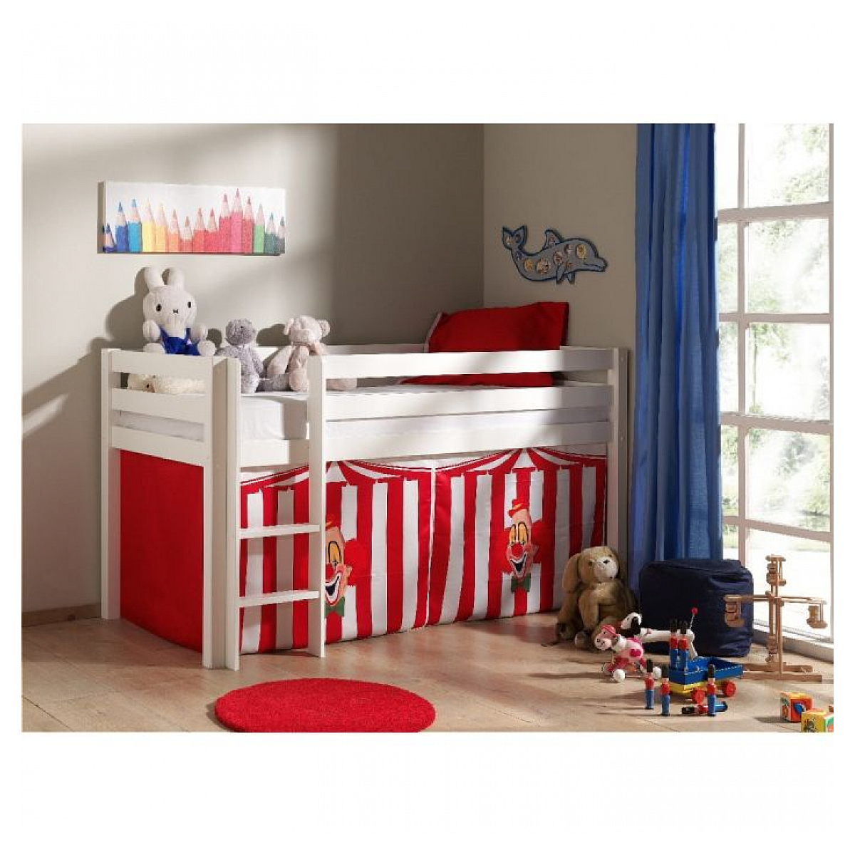 Lit sureleve en avec sommier + Rideau de lit Chucky couleur unique, VIPACK