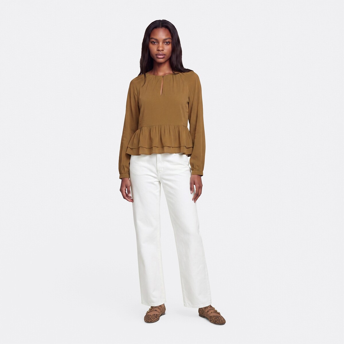 Ruffled Long Sleeve Crew Neck Blouse camel brown, LA REDOUTE COLLECTIONS