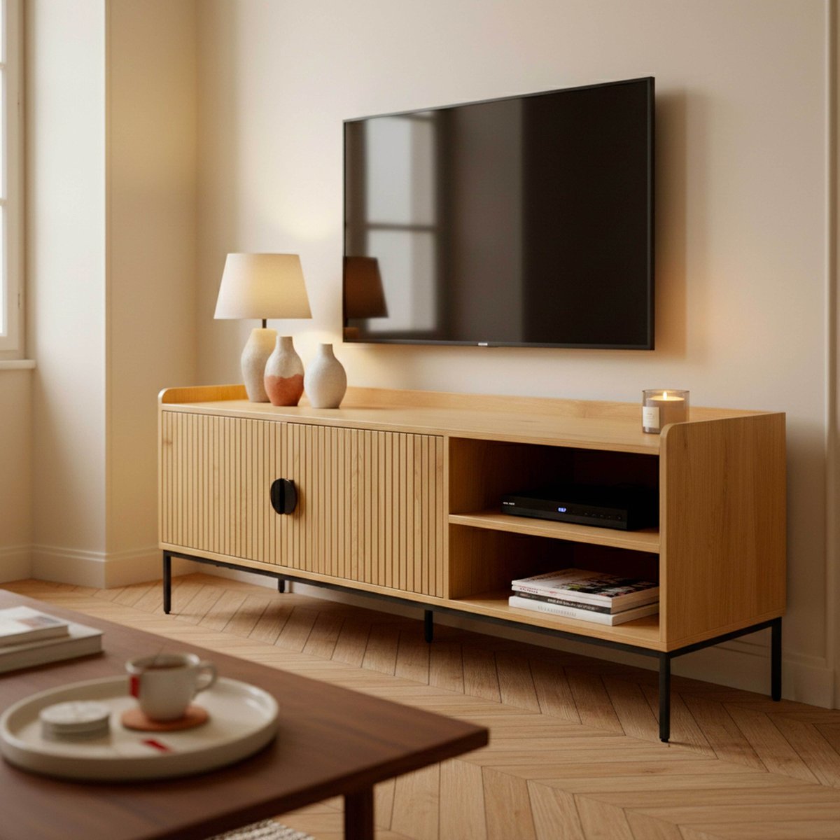 Meuble TV en acier et MDF décor mélaminé 150 cm, DAKOTA beige, OVIALA