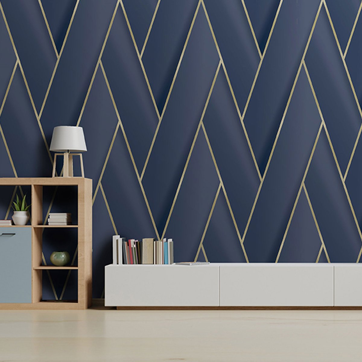 Papier peint géométrique bleu d'or bleu, HEXOA