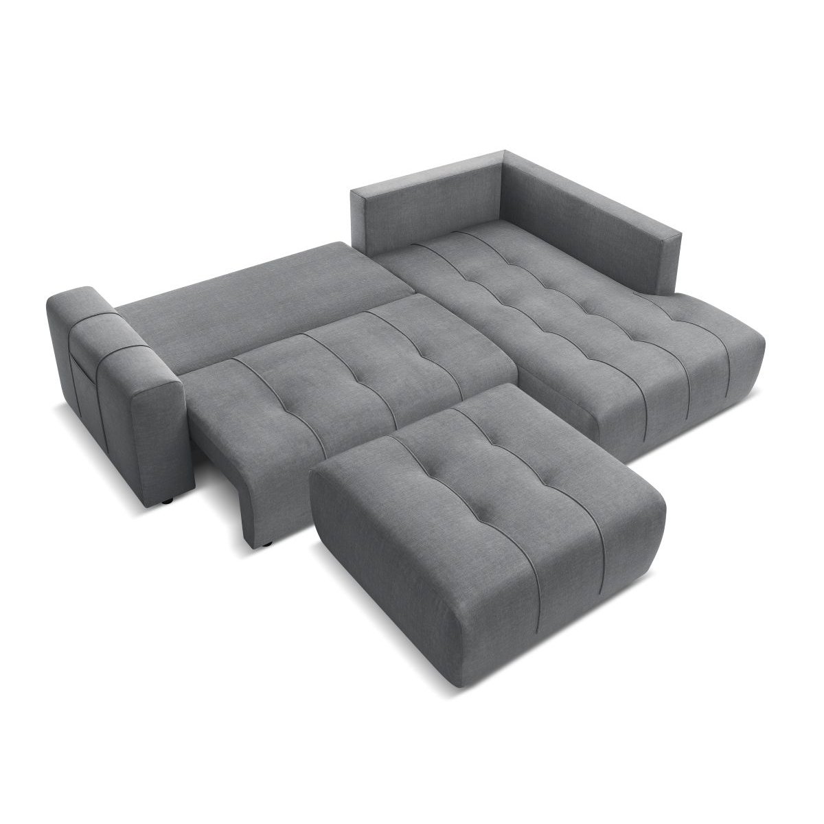 Canapé d'angle convertible 4 places en velours avec pouf, ARSENE gris foncé, BOBOCHIC