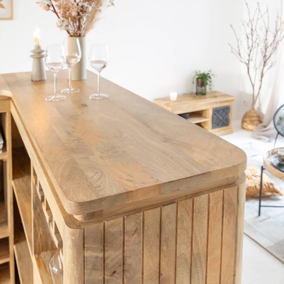 Meuble bar en angle bois de manguier LOU bois clair, MADE IN MEUBLES
