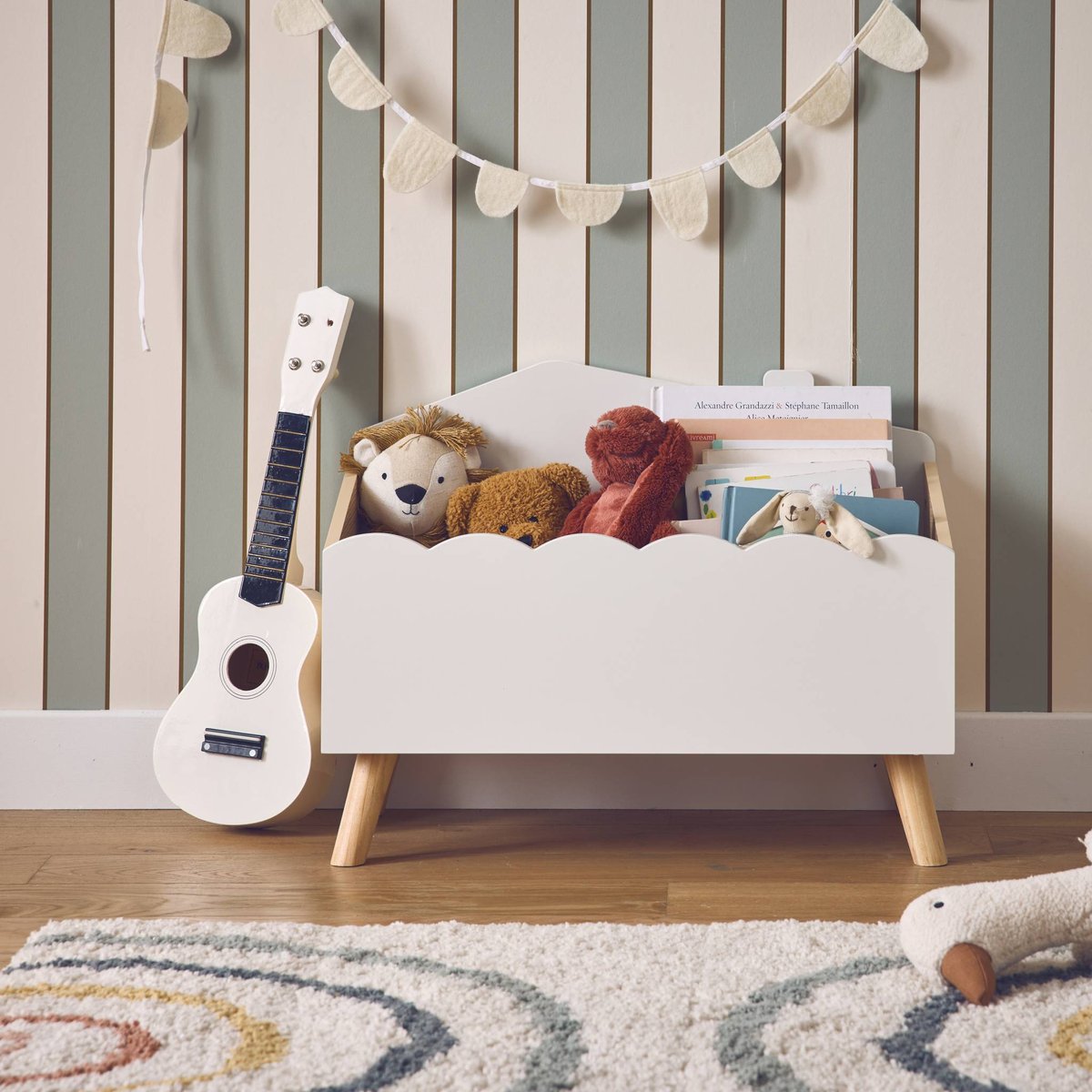 Coffre à jouets enfant décor bois AZUR blanc, SWEEEK