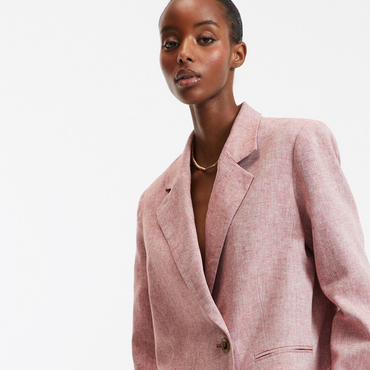 Asymmetric Button-Down Blazer in Linen and Cotton dusty pink, LA REDOUTE COLLECTIONS
