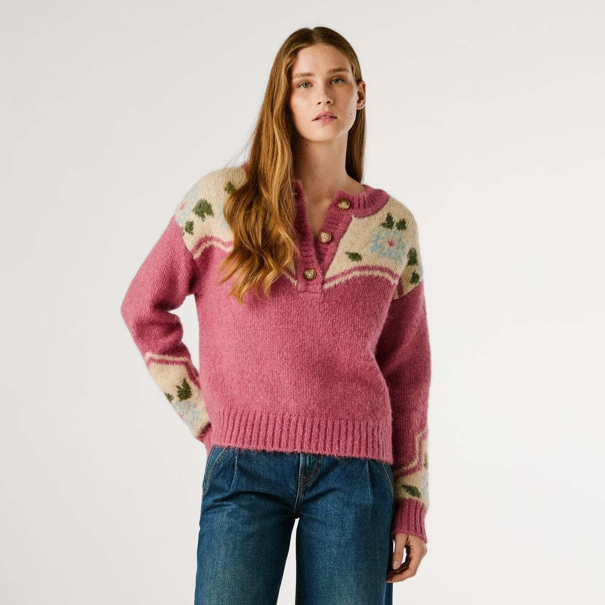 Pull À Col Rond Avec Fleurs rose ardoise, PEPE JEANS