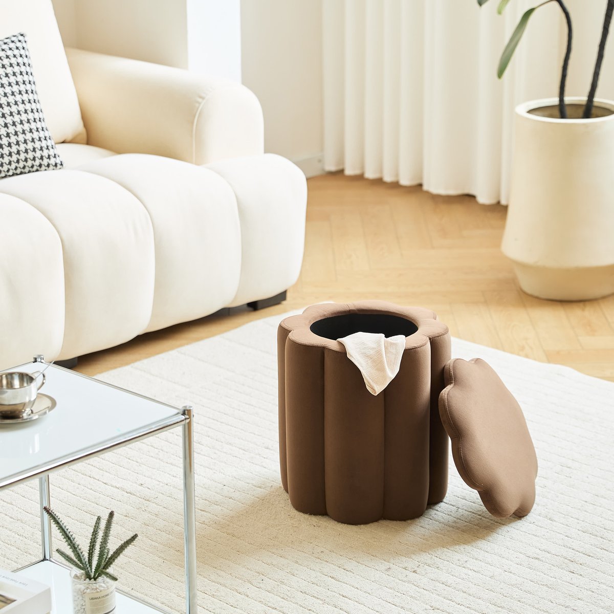Pouf de salon avec rangement, velours, NIGATA marron, NORDLYS