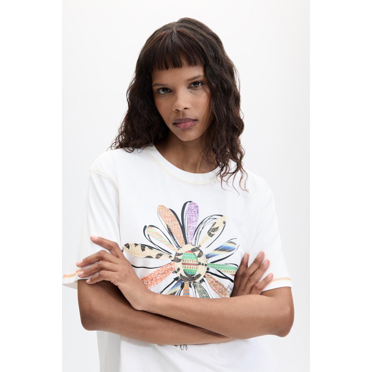 T-shirt à imprimé floral 100 % coton blanc, DESIGUAL