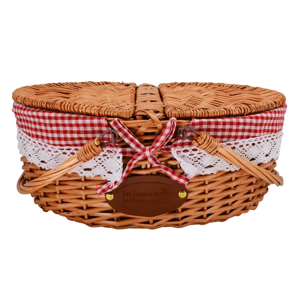 Panier en osier tissu dentelle vichy rouge couleur unique, LES JARDINS DE LA COMTESSE