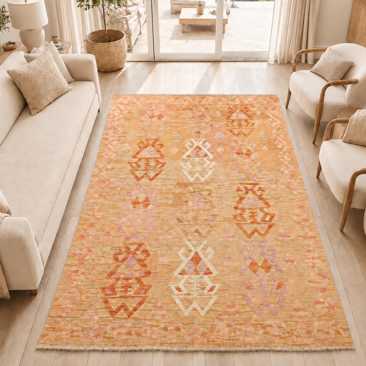 Tapis kilim au motif ethnique, tissé plat authentique, KILIM 54 orange, crème, rose, UN AMOUR DE TAPIS