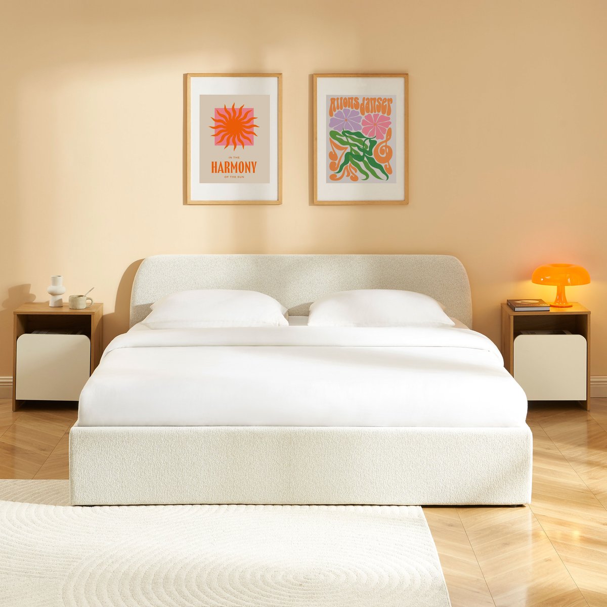 Lit coffre tissu chenille avec sommier GELA ecru, BAÏTA