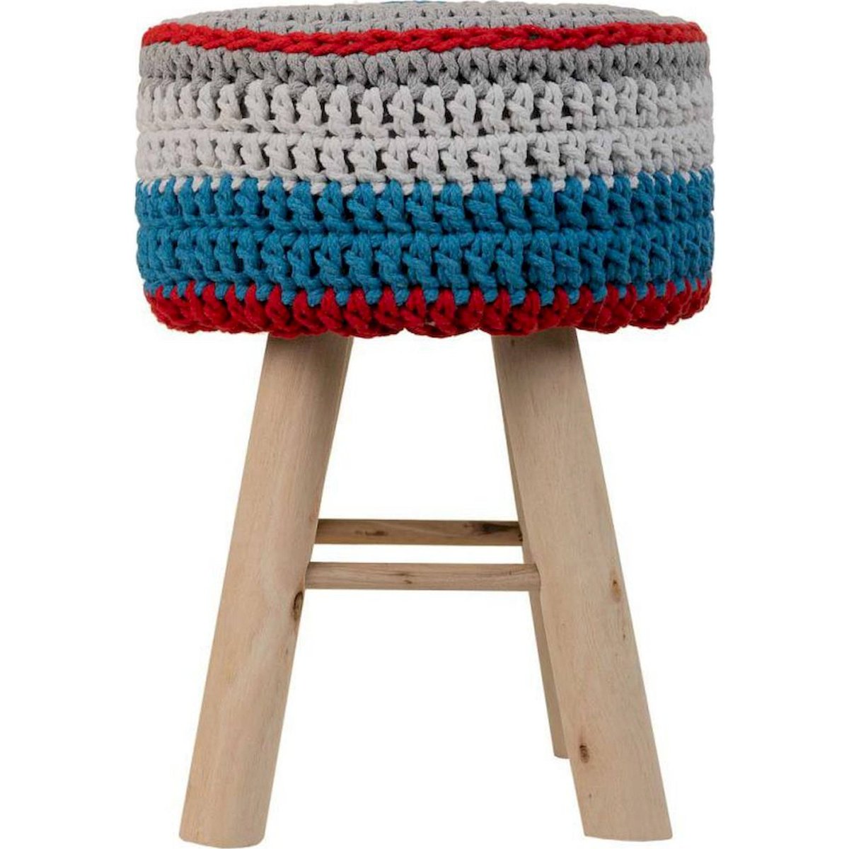 Tabouret rond en bois, Assise en coton bleu tressé et bois naturel clair, RECOLLECTION