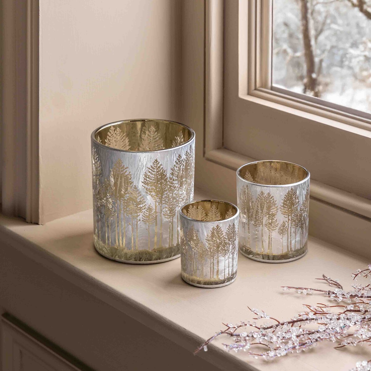 Set of 3 Deco Luxe Etched Tree Candle Holders in Silver silver-coloured, ÉDITÉ