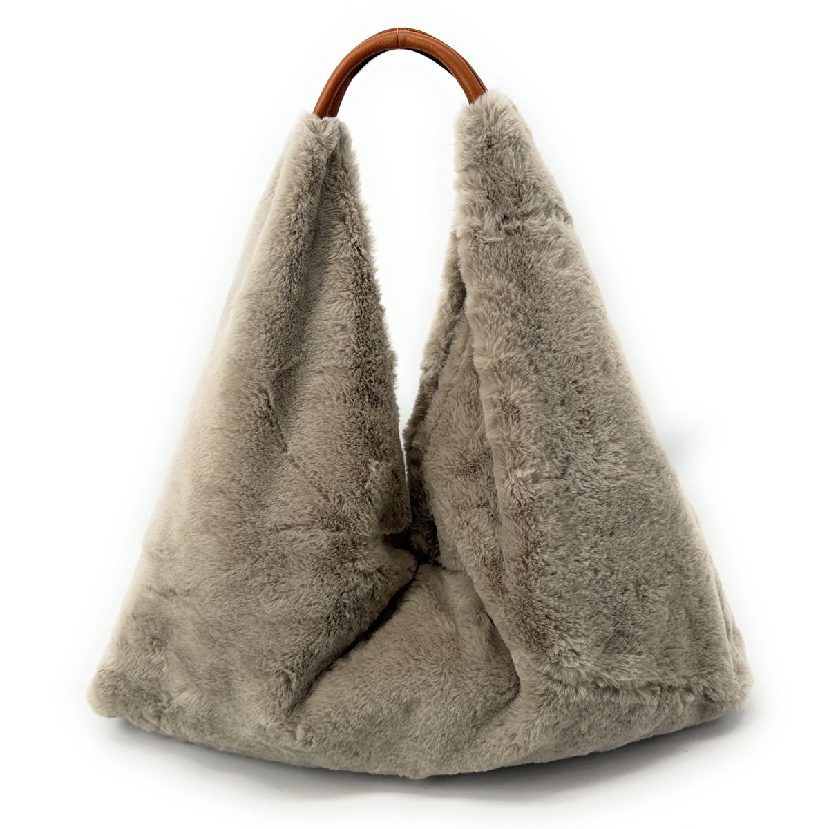 Sac hobo en poils synthétiques et cuir FLUFFY gris taupe, OH MY BAG