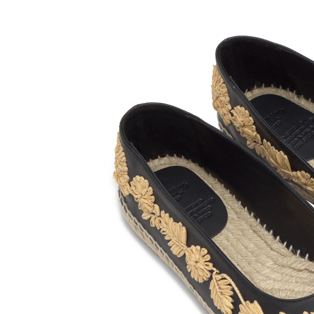 Espadrilles plates en cuir à broderie florales en raphia PARIS PLATFORM noir, CASTANER