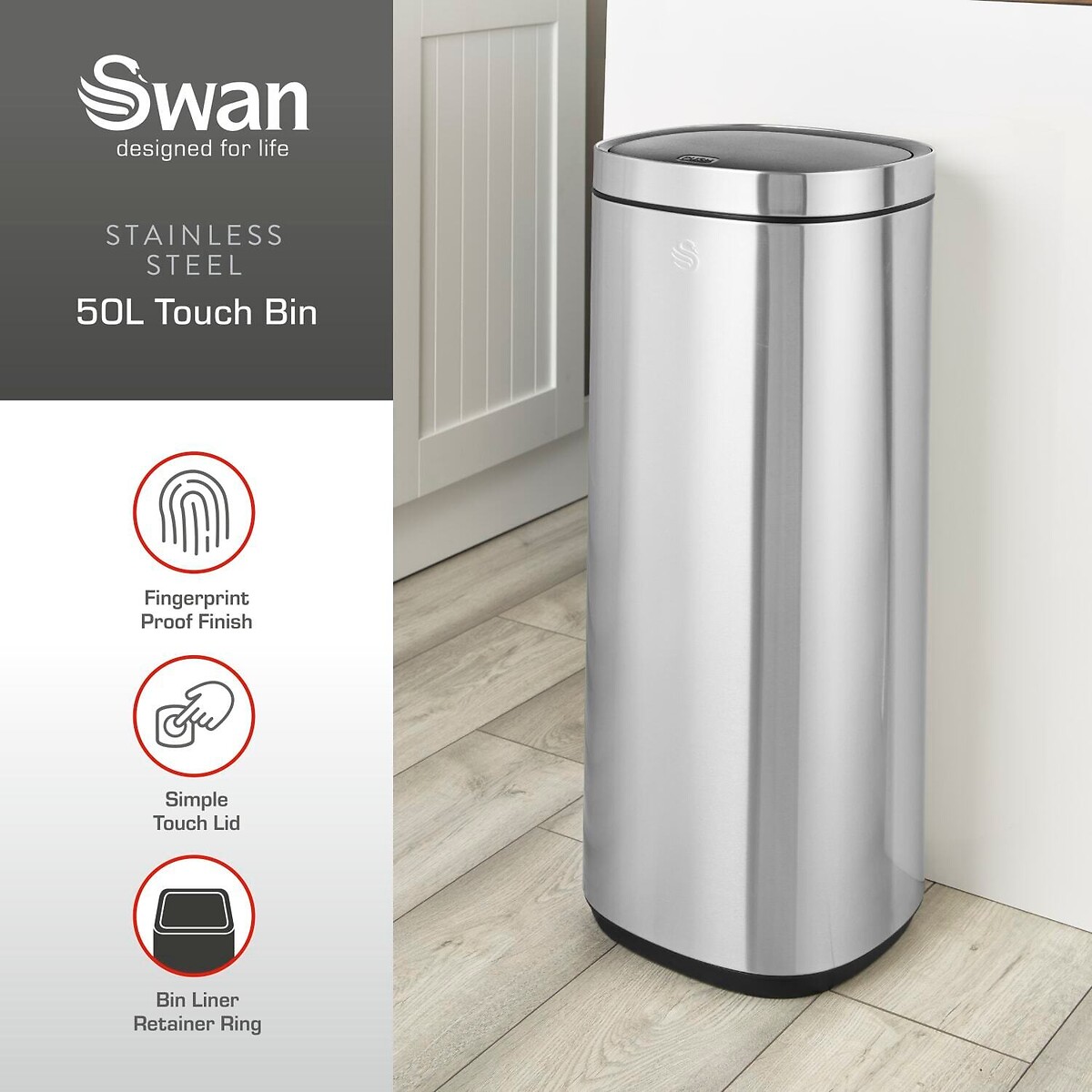 50L Touch Bin silver-coloured, SWAN
