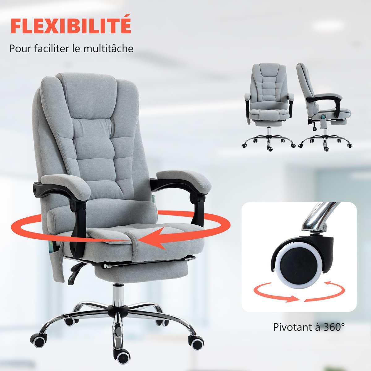 Fauteuil de bureau avec fonction massage gris clair, HOMCOM