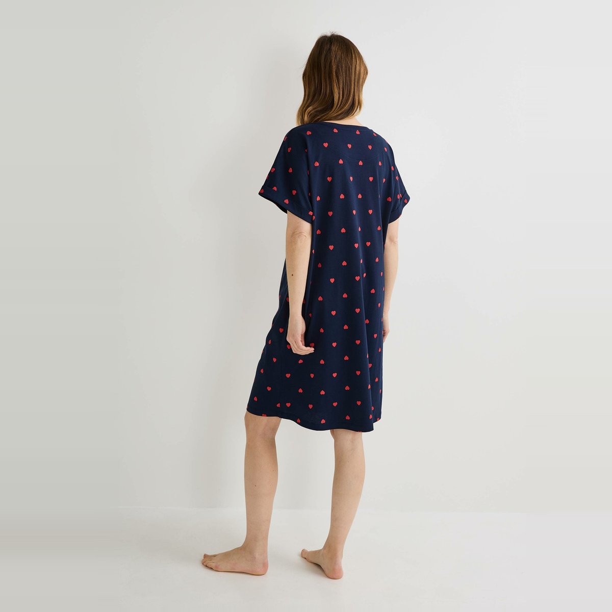 Chemise de nuit manches courtes imprimé coeur en coton BIO GOTS marine, MONOPRIX