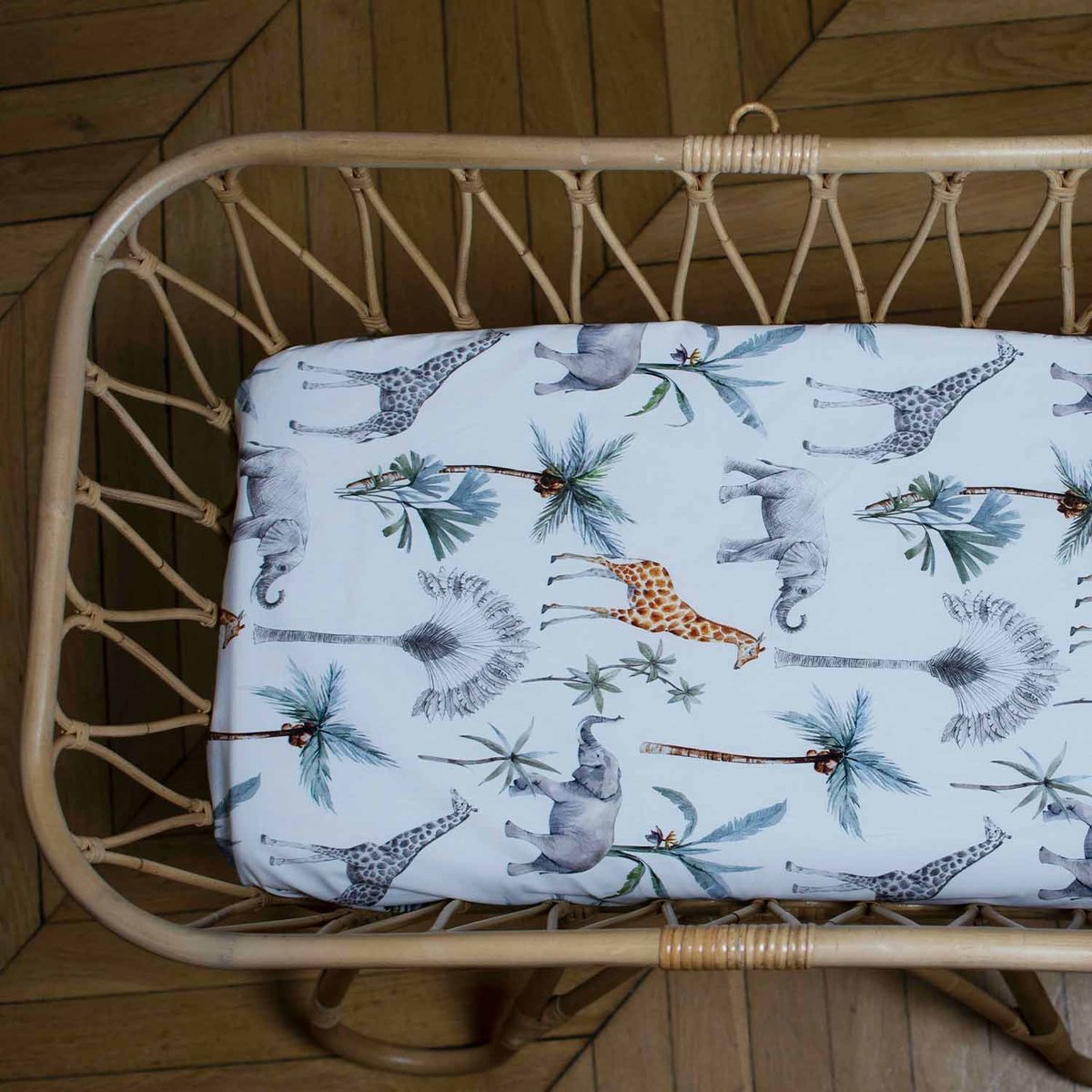 Drap housse couffin en satin de coton SAFARI safari, vert, gris, blanc, SEVIRA KIDS