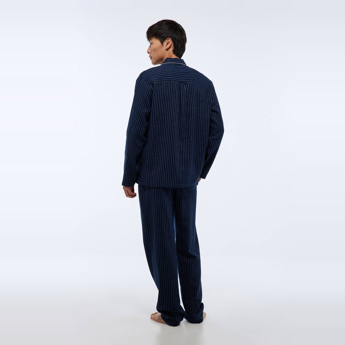 Pyjama chemise manches longues et pantalon gratté en coton GOTS à rayures marine, MONOPRIX