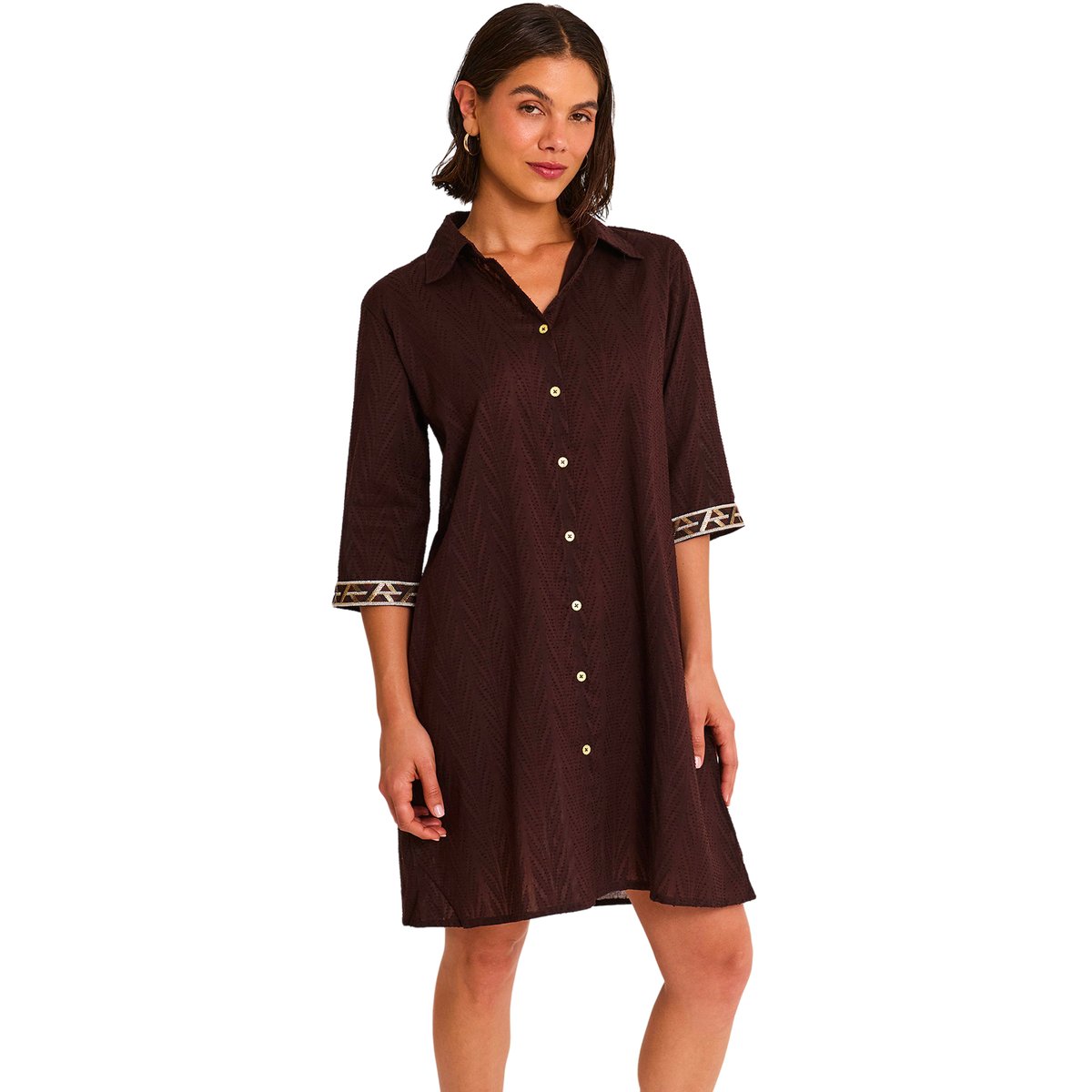 Robe chemise de plage manches mi-longues DUNA marron, SELMARK MARE
