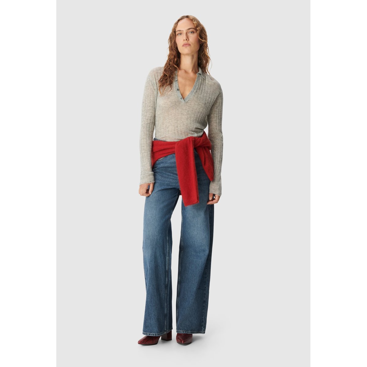 Pull col polo V tricot gris clair, IKKS