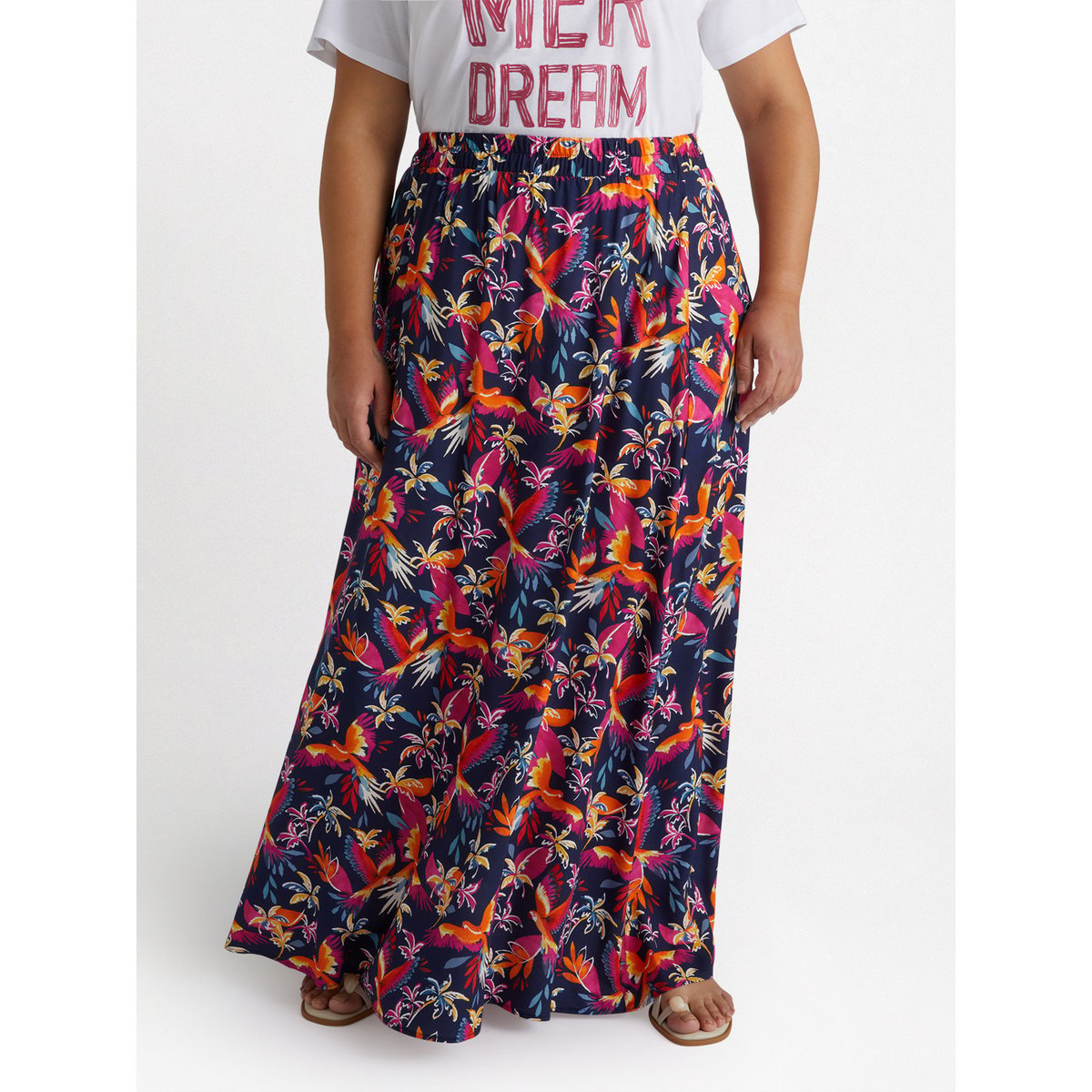 Jupe longue imprimé Perroquets & Palmiers fuchsia, FIORELLA RUBINO