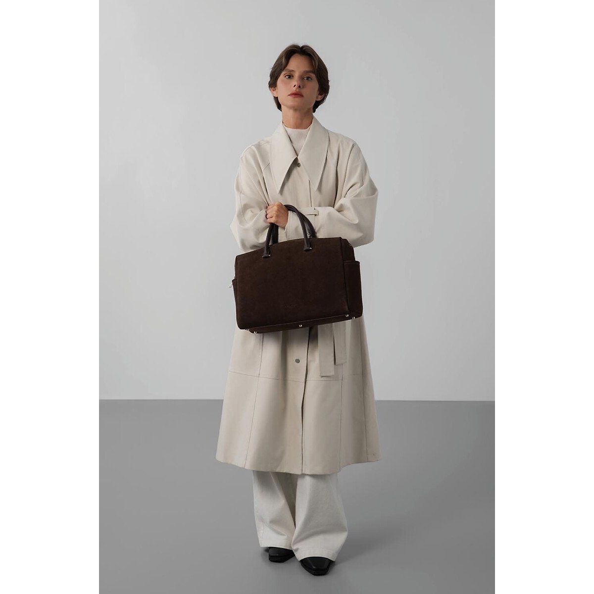 Borsa weekend in pelle scamosciata marrone, LANCASTER