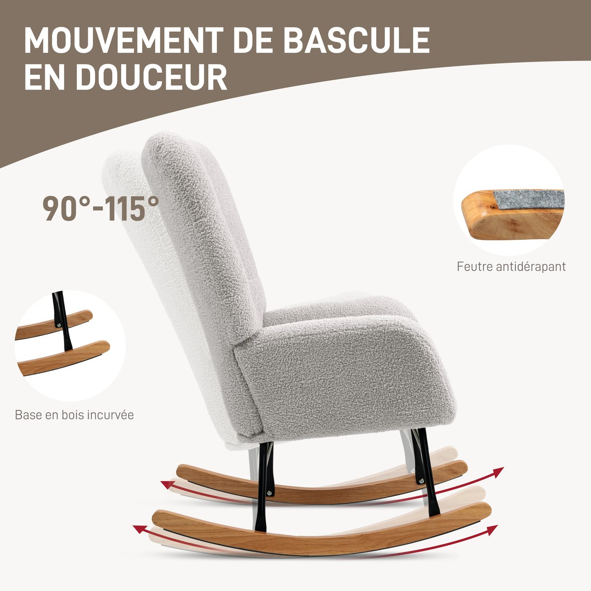 Fauteuil à bascule Laine bouclée Gris gris clair, HOMCOM