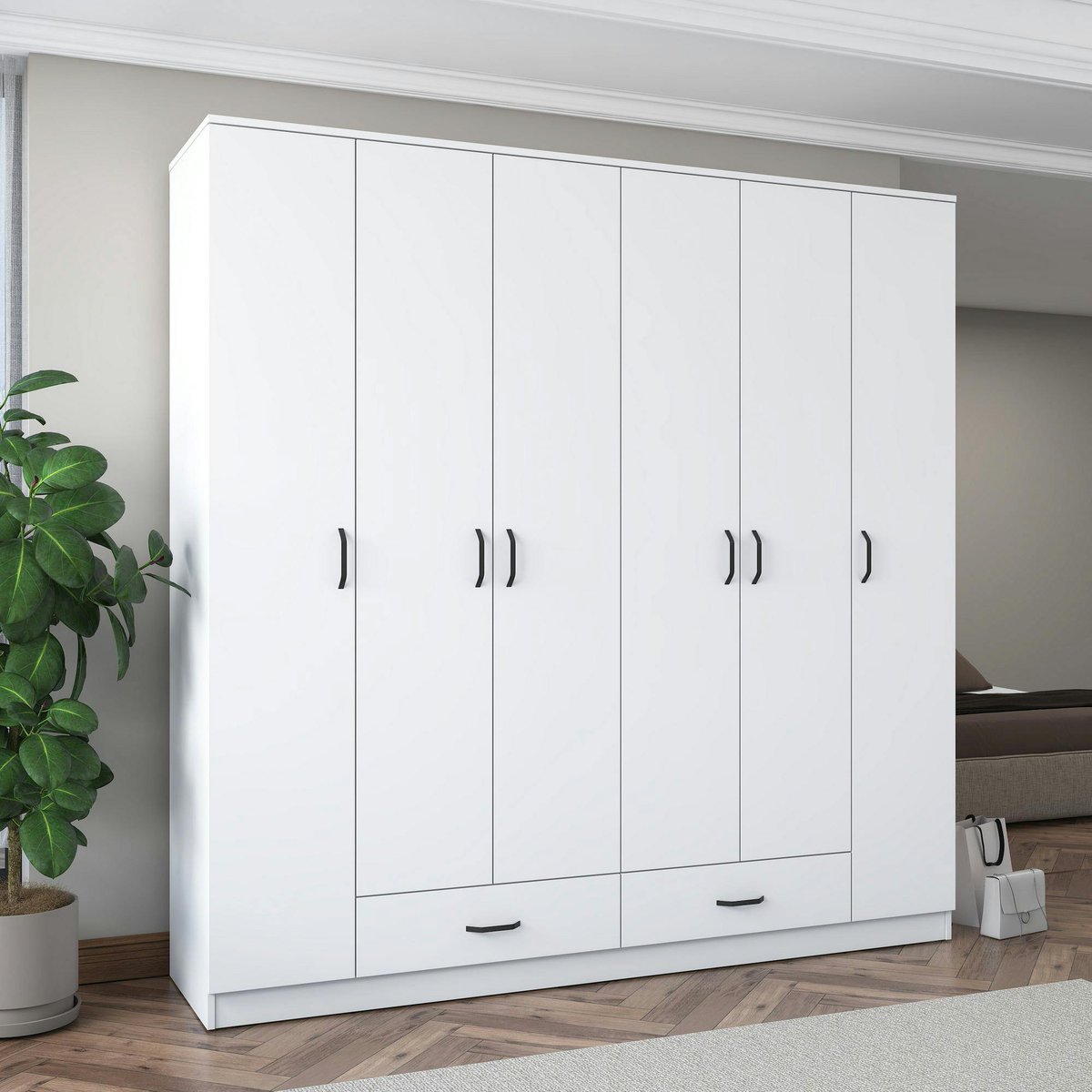 Armoire penderie blanche 6 portes 2 tiroirs BYRON blanc, PIER IMPORT