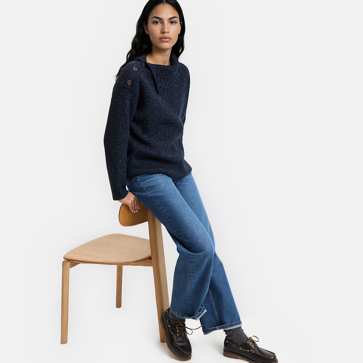 Pull chiné à col montant, avec boutons épaule marine, LA REDOUTE COLLECTIONS