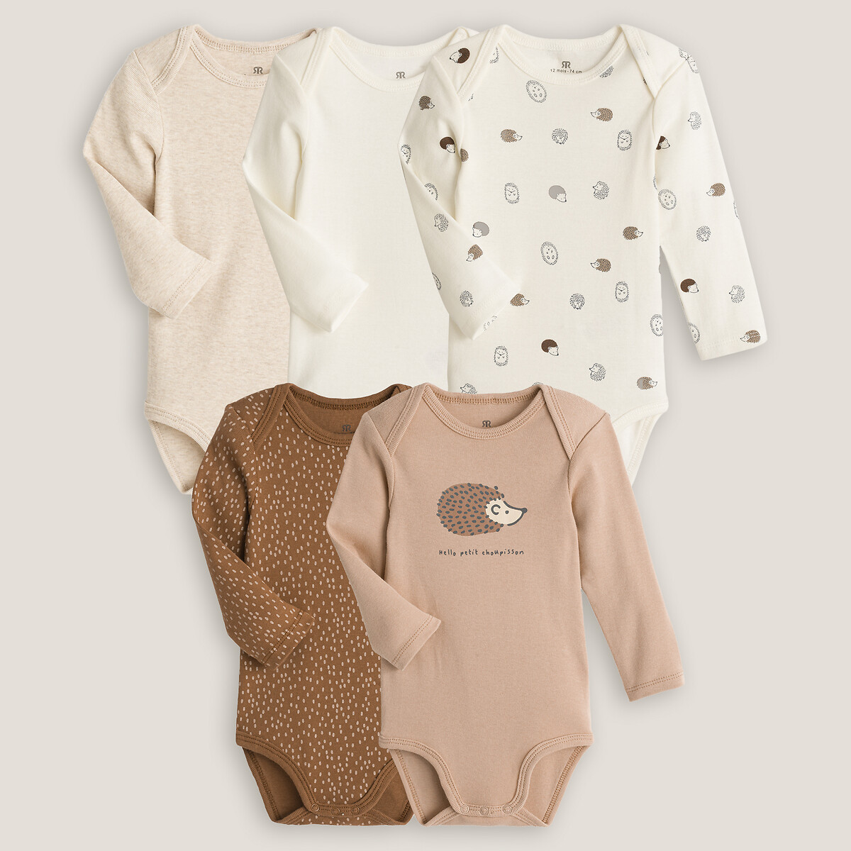 Lot de 5 bodies manches longues imprimé hérisson marron + beige + écru, LA REDOUTE COLLECTIONS