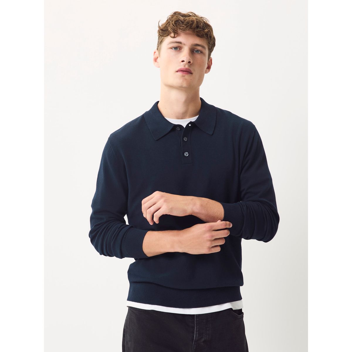 Polo en maille de coton manches longues bleu marine, NEXT