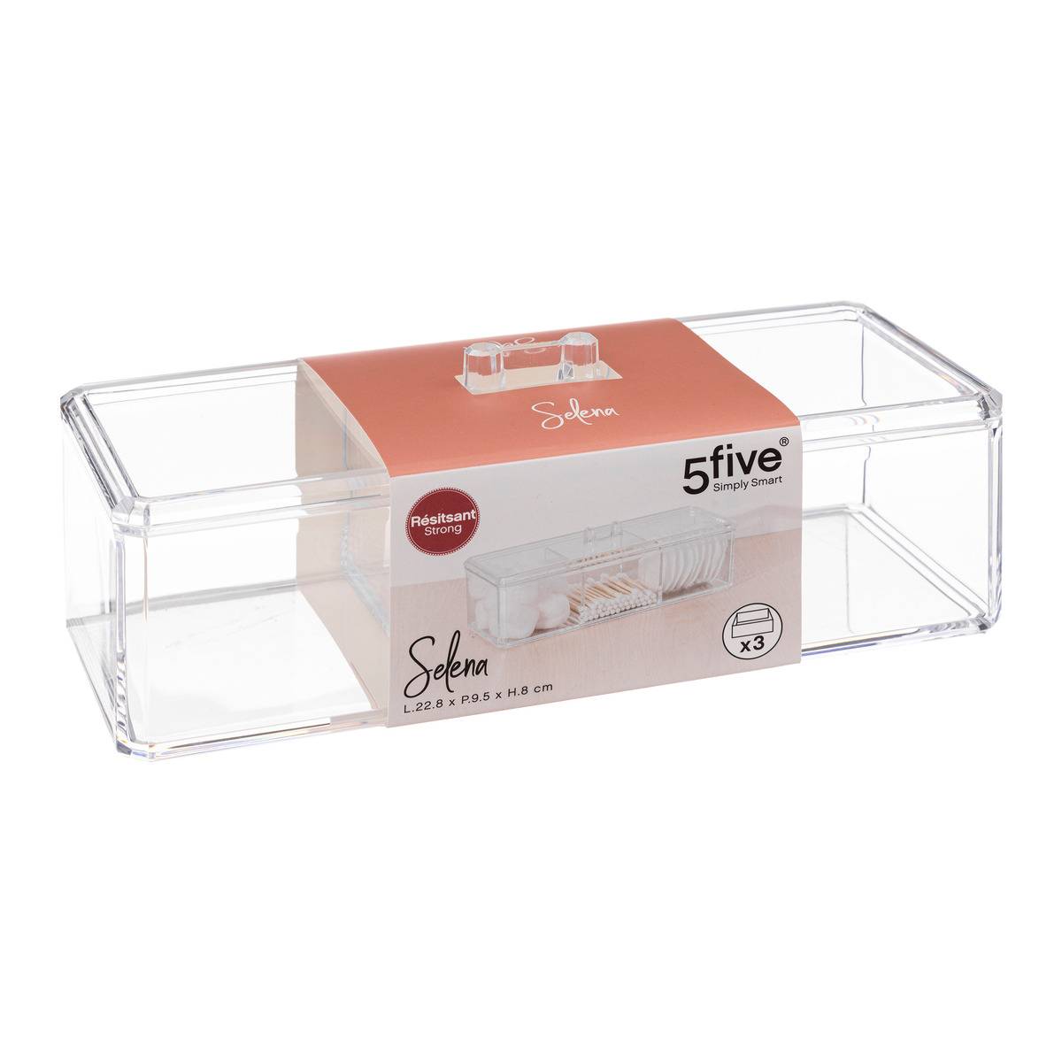 Boîte à cotons 3 compartiments SELENA transparent, 5FIVE SIMPLY SMART