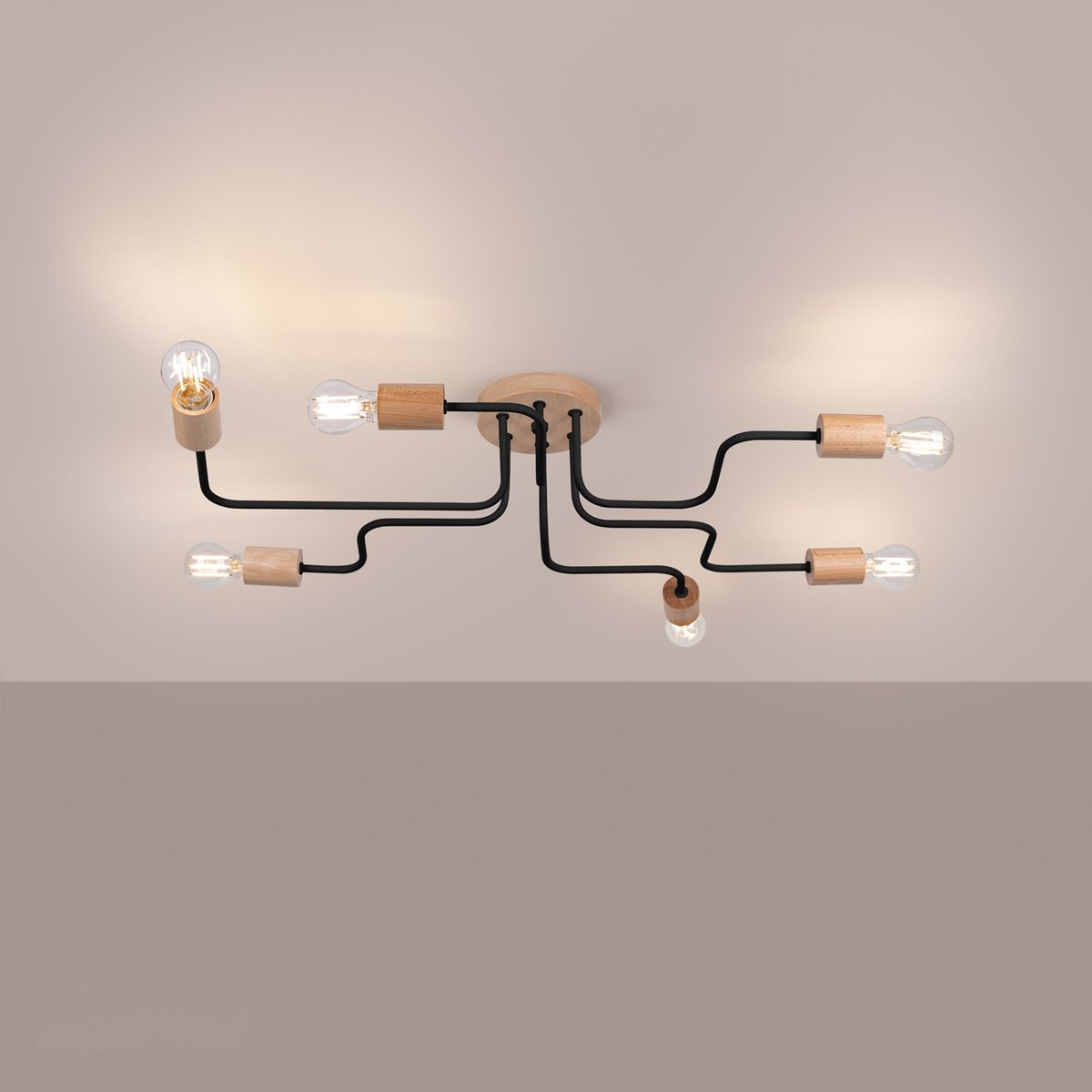 Lustre Acier Noir/Bois Naturel E27 6 Timbo noir, EDEN