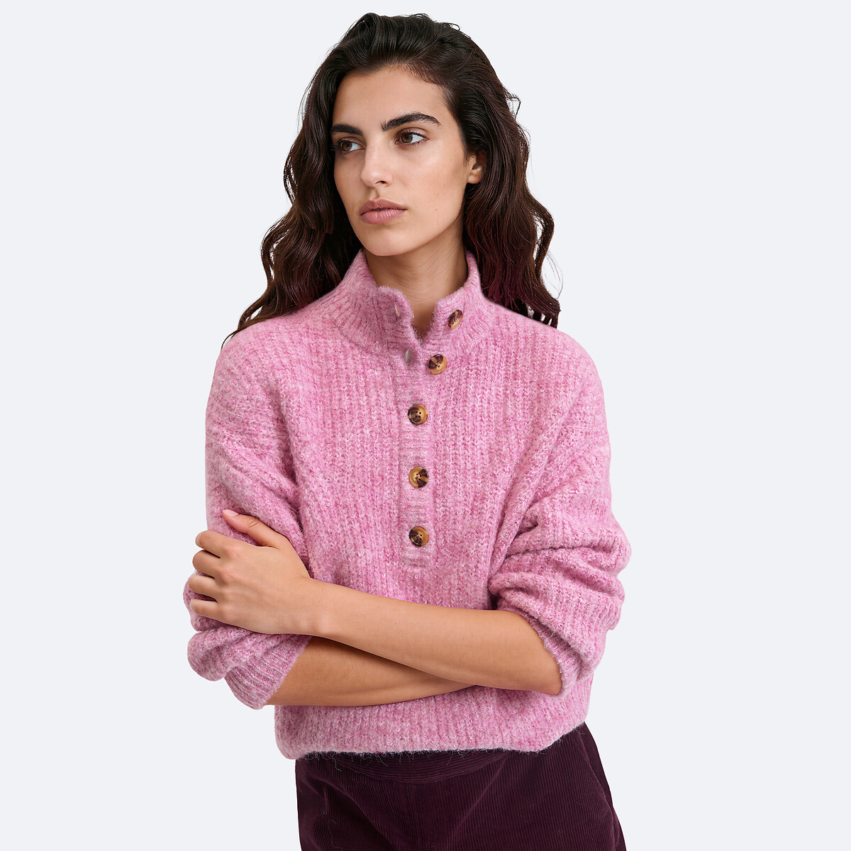 Maglione con collo alto abbottonato rosa chiaro, LA REDOUTE COLLECTIONS