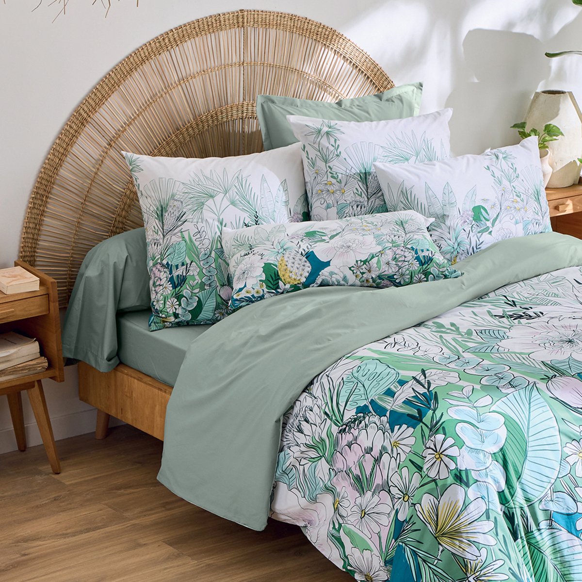 Parure de lit 3 pièces percale de coton feuillage exotique housse + taies vert, TRADILINGE