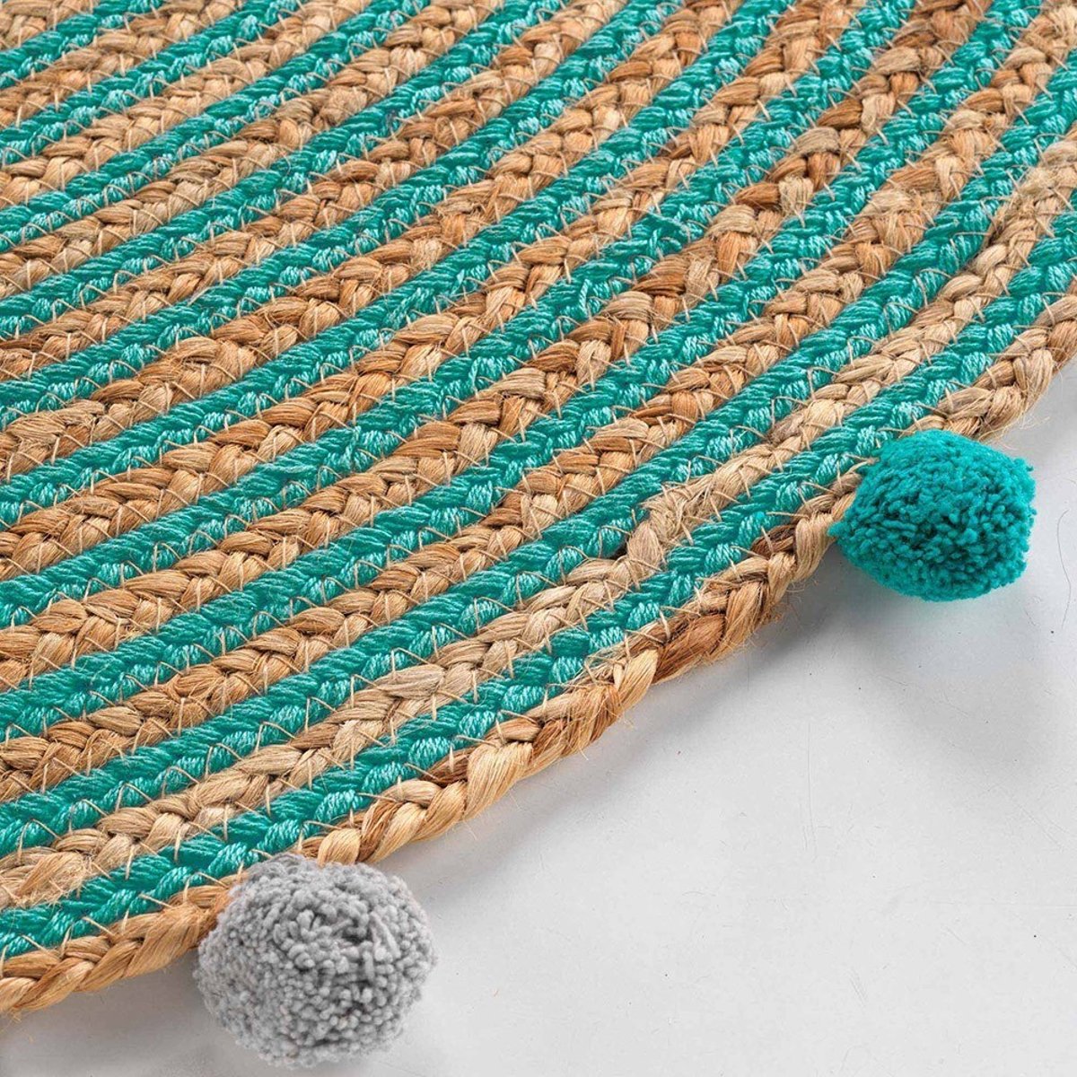 Tapis rond pompons 90  jute polycoton Baloo bleu, DECORATIE